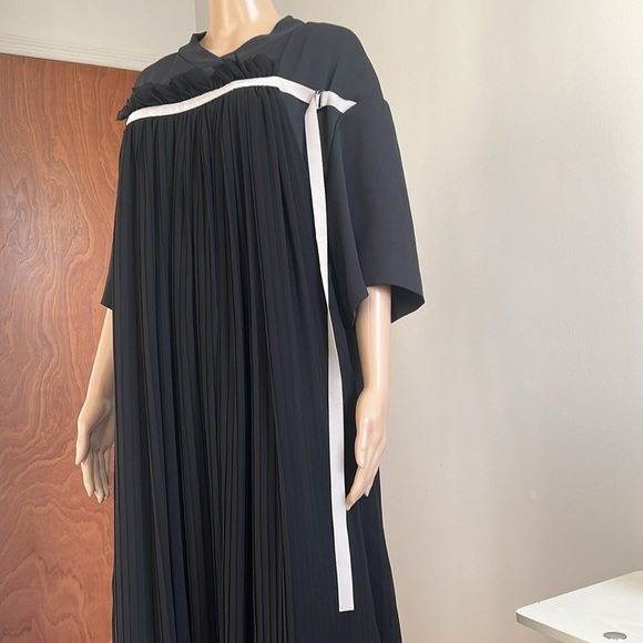 ADEAM Black V-Neck Short Sleeve Pleated Asymmetric Hem Long Tent Dress M - Picture 5 of 16